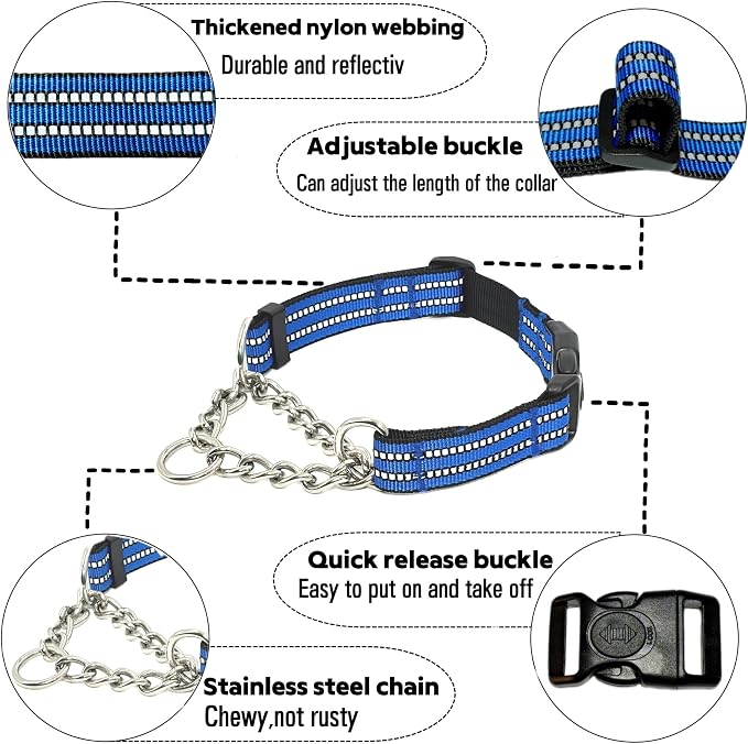Martingale Dog Collars, Reflective Nylon Collar with Stainless Steel Chain, Adjustable Walking Training Dog Collars with Quick Release Buckle, Suitable for Small Medium Large Dogs(Blue,XL)