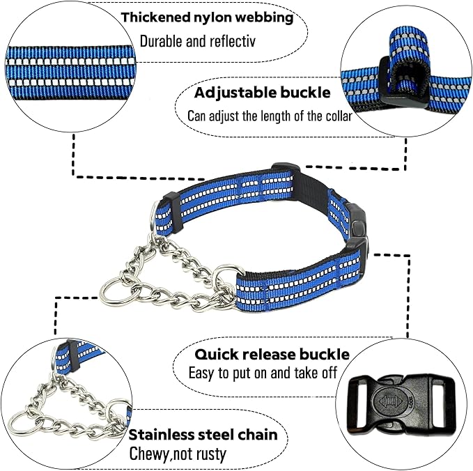 Martingale Dog Collars, Reflective Nylon Collar with Stainless Steel Chain, Adjustable Walking Training Dog Collars with Quick Release Buckle, Suitable for Small Medium Large Dogs(Blue,M)