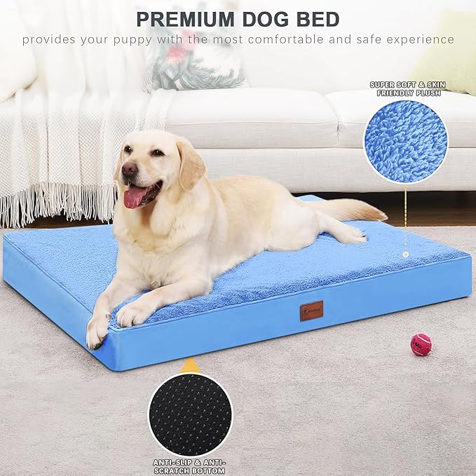 Waterproof Dog Beds Large Sized Dog Orthopedic Pet Beds for Crate with Removable Washable Cover Egg-Crate Foam Pet Pad Mat with Anti-Slip Bottom, 41x27 Inch, Blue