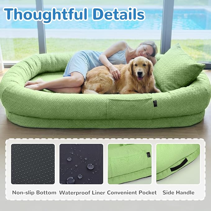 YAEM Cooling Human Dog Bed, 71"x45"x12" Breathable Human Size Dog Bed for Adults, Waterproof Giant Pet Beds with Washable Cover & Non-Skid Bottom, Pale Green