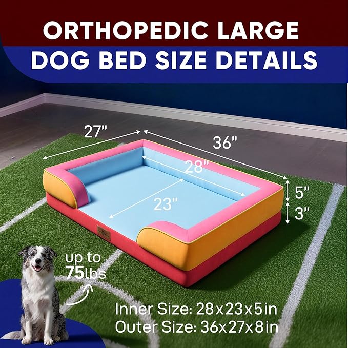 Comfort Expression Orthopedic Dog Bed for Large Dogs 36x27 Inch, Waterproof Egg Crate Foam Large Pet Bed with Bolsters, Dog Couch with Washable Cover & Non-Slip Bottom, Miami