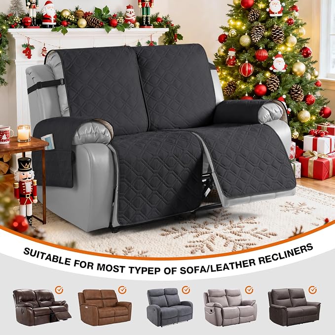 VANSOFY Waterproof Recliner Couch Covers, Sofa Covers 1-Piece Washable Reclining Sofa Cover Non-Slip Furniture Protector with Elastic Straps Pocket for Dogs, Pets(Charcoal Gray,2 Seater)