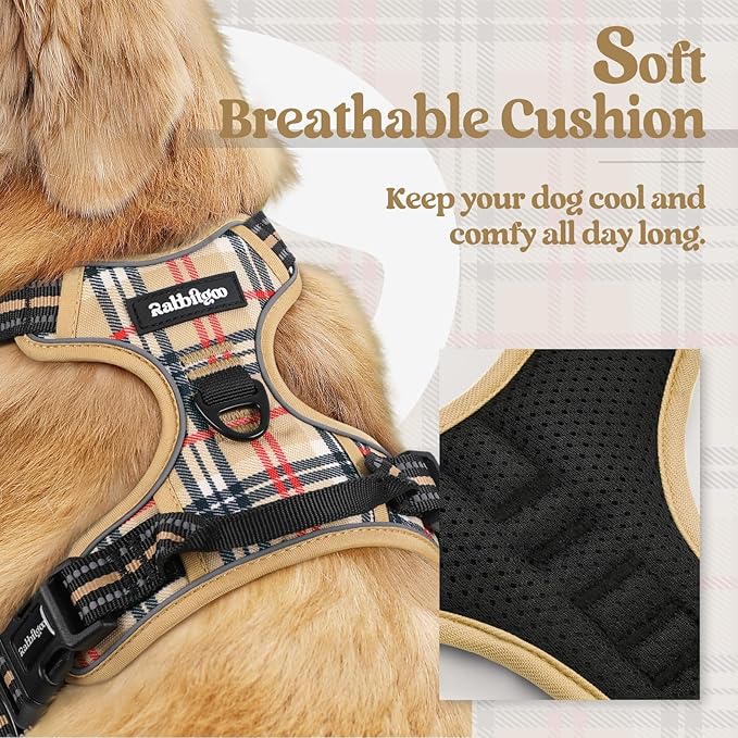 rabbitgoo Dog Harness No Pull with 2 Leash Clips, Adjustable Soft Padded, Reflective Oxford No Choke Pet Vest with Easy Control Handle for Medium Sized Dogs, Beige Plaid, M