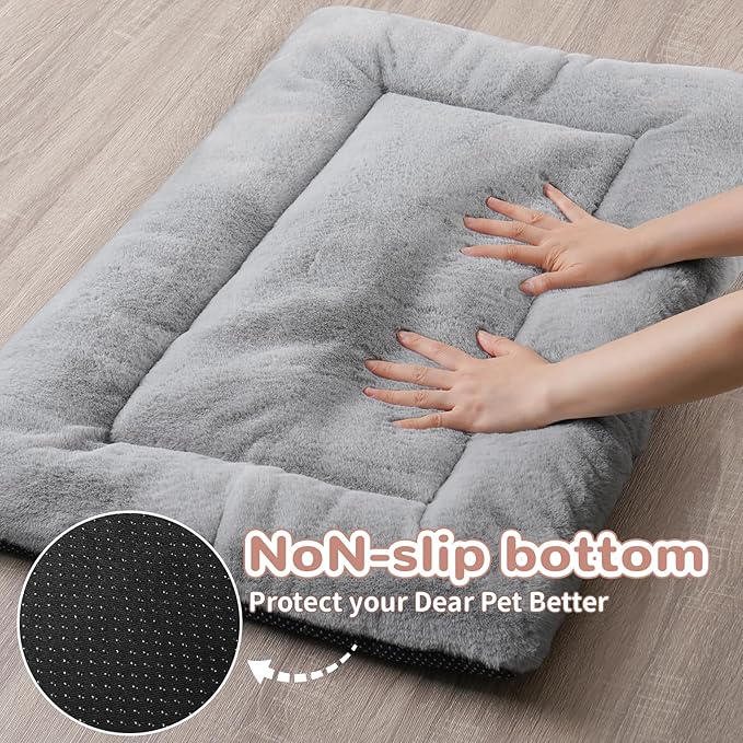 Dog Crate Bed Washable, Plush Anti-Slip Kennel Pad with Soft Flat Cushioning, Home Crate Use, Travel, and Training in Metal or Plastic Dog Cages, 24 x 18 Inch, Grey