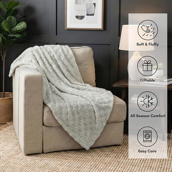 Americanflat 50x60 Jacquard Fleece Throw Blanket - Soft and Breathable Throw Blanket for Couch, Bed, Chair - Fleece Blankets Perfect for Home, Bedroom, or Outdoor Use - Checkered Design in Light Gray