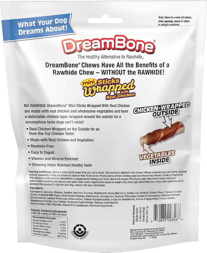 DreamBone Chicken Wrapped Mini Stick Dog Treats, Daily Rawhide-Free Chew, Digests Safely and Completely, With Real Protein, Chicken and Veggies, 15 count