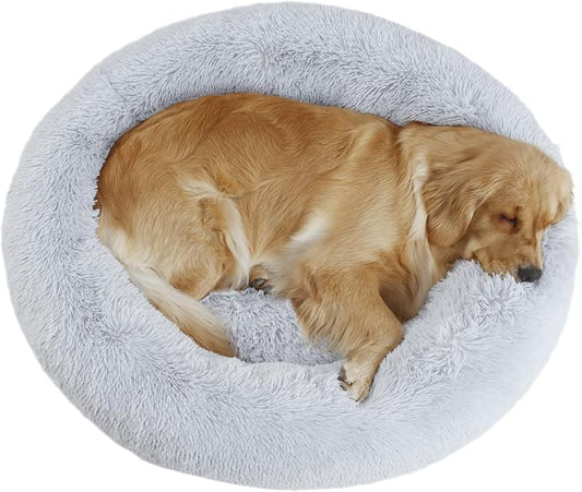 Bunlitent 39'' inch Calming Dog Bed, Plush Anti-Anxiety Donut Dog Bed for Small Medium Large Dogs, Warming Cozy Soft Cute Round Washable, Marshmallow Cuddler Nest Pet Bed, Grey