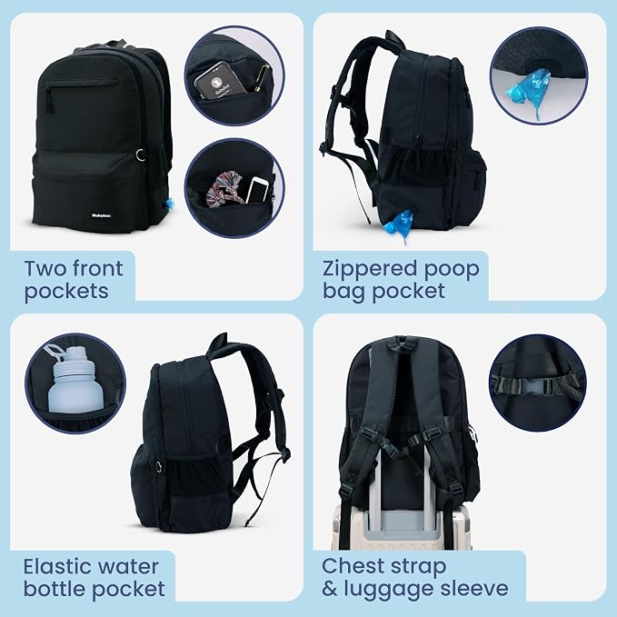 Dog Travel Bag for Supplies - Complete Dog Diaper Bag Backpack with 2 BPA-Free Travel Bowls, Treat Pouch, Food Container, Placemat & Laptop Sleeve – for Traveling, Road Trips, Hiking: Black