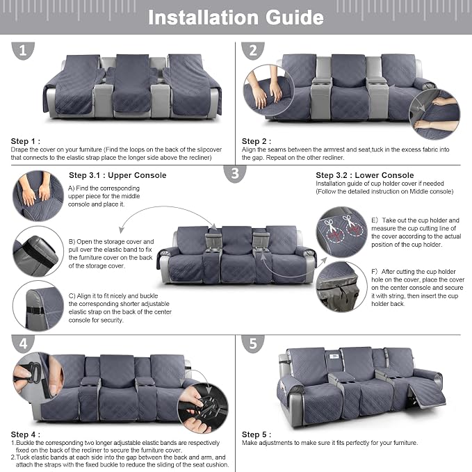 TAOCOCO Non Slip Recliner Sofa Covers for 3 Cushion Couch, Waterproof Reclining sofa cover for Leather Sofa with Console, Split Reclining Couch Cover Recliner Furniture Protector (3 Seater, Dark Grey)