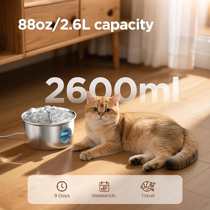 Cat Water Fountain Stainless Steel: Pet Drinking Fountains with 6 Filters & 3 Sponges - 88oz/2.6L Water Fountain for Cats Inside with Flower - IHOUONE Kitty Spout Dog Dispenser Animal Supplies