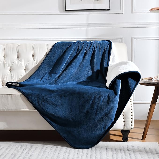 Waterproof Blanket for Bed Couch Sofa, Soft Liquid Pee Proof Pet Blanket for Dog Puppy Cat, Reversible Sherpa Fleece Furniture Protector (Navy Blue, 50x60 inches)