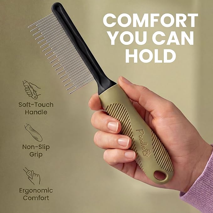 Poodle Grooming Comb - Metal Dematting Comb with Long & Short Stainless Steel Teeth for Removing Matted Hair & Knots, Safe and Gentle for Dogs & Cats (Green)