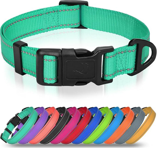 Joytale Dog Collars for Medium Dogs, Comfortable Double-Sided Reflective Nylon Collar for Night Safety, Adjustable Quick-Release for Active Pets, Teal, M (1" Width)