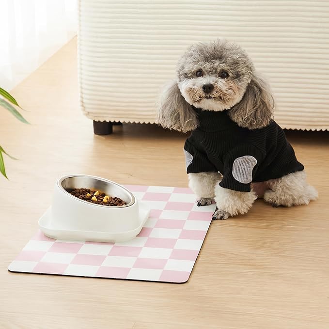 Checkered Dog Feeding Mat, Absorbent Mats for Dog Food and Water Bowl, Dispenser, Retro Aesthetic Cute Pink Checkerboard Pet Placemat for Dogs, Cats, Puppy Accessories, 12" X19”