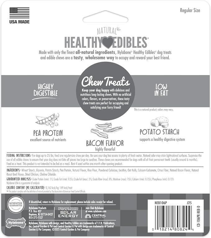 Nylabone Healthy Edibles Natural Dog Chews Long Lasting Bacon Flavor Treats for Dogs, Small/Regular (3 Count)