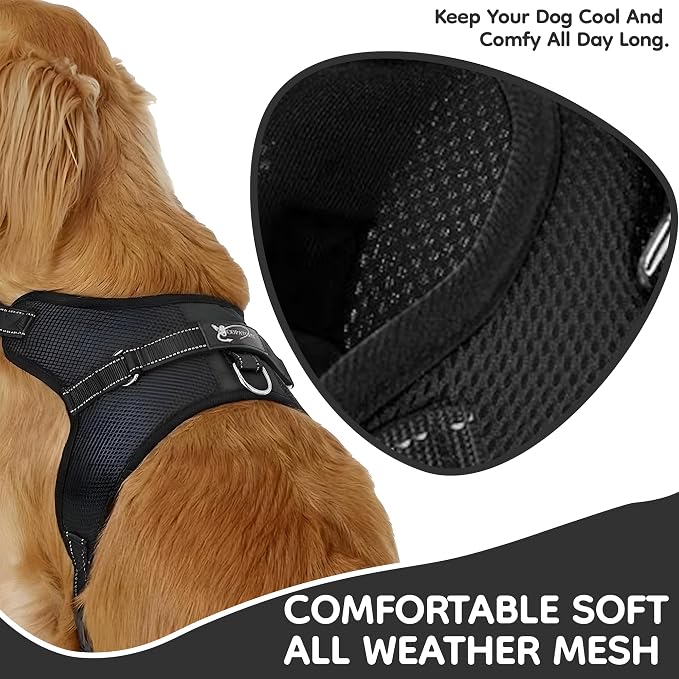 No Pull Reflective Adjustable Dog Harness with Handle- Comfortable Soft All Weather Mesh, Easy On Puppy Harness for Small Medium and Large Dogs (Black) Medium