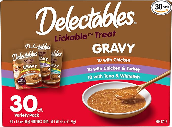 Delectables Lickable Treat Gravy Variety Wet Cat Treat & Food Topper, Food Topper, Hydrating, Grain-Free, No Fillers, No by-Products, No Added Preservatives, 1.4oz Pouch, 30 Pack
