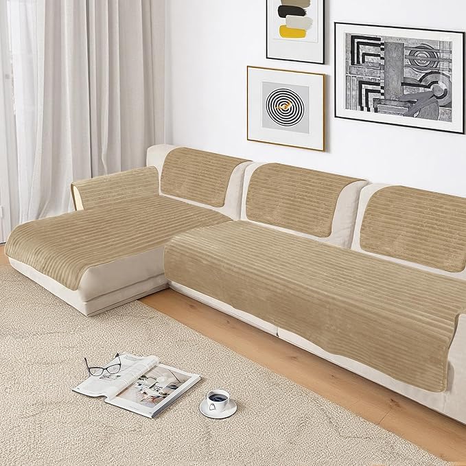NAISI Couch Covers for Dogs Waterproof Flannel Striped Sofa Cover Pet Friendly Washable Dog Mat for Couch Anti Slip Sectional Sofa Slipcover Protector(2pcs/35"x63"+35"x70",Camel)