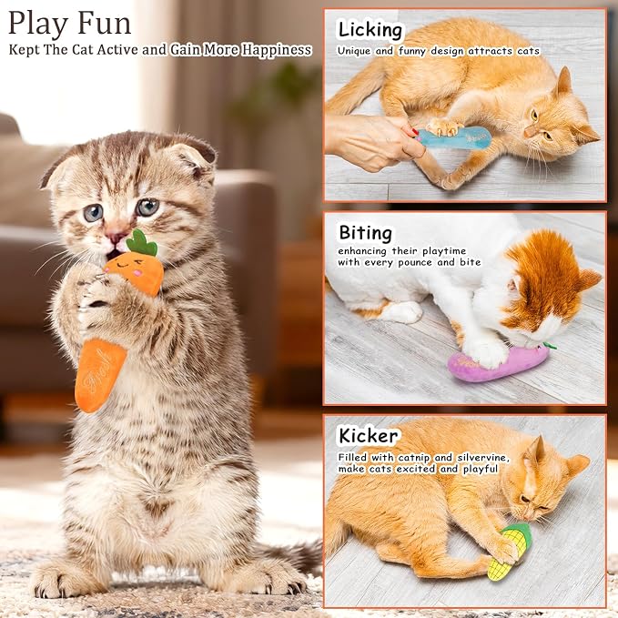 ETEKYER Catnip Cat Toys, 5 Pack, Plush Catnip Toys for Indoor Cats Kitten, Interactive Cat Nip Kitty Kicker Chew Safe Teeth Cleaning Toys, Fun Carrot Vegetable Shape