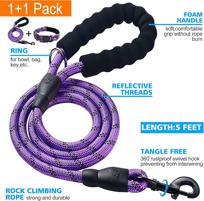 Ladoogo Reflective Dog Collar Padded with Soft Neoprene Breathable Adjustable Nylon Dog Collars for Small Medium Large Dogs (Small (Pack of 1), Purple/Pink Floral Collar+Leash)