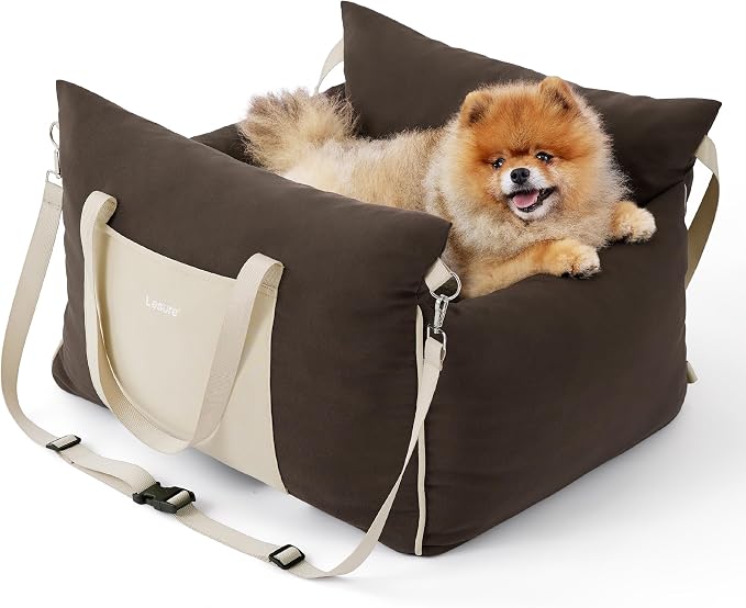 Lesure Small Dog Car Seat for Small Dogs - Soft Dog Booster Seat for Car with Storage Pocket and Clip-On Safety Leash and Thickened Memory Foam Filling, Pet Travel Carrier Bed Brown