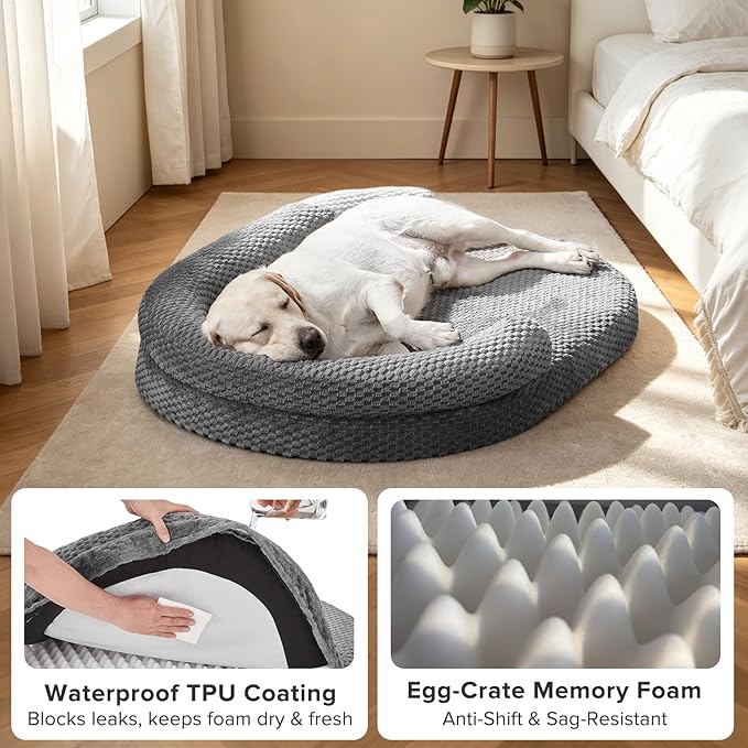 JOEJOY Orthopedic Dog Beds Large Sized Dog, Washable Waterproof Oval Large Dog Bed with Removable Cover, Big Egg-Crate Memory Foam Pet Bed with Bolster Sides & Non-Skid Bottom, Dark Grey, 36''x27''