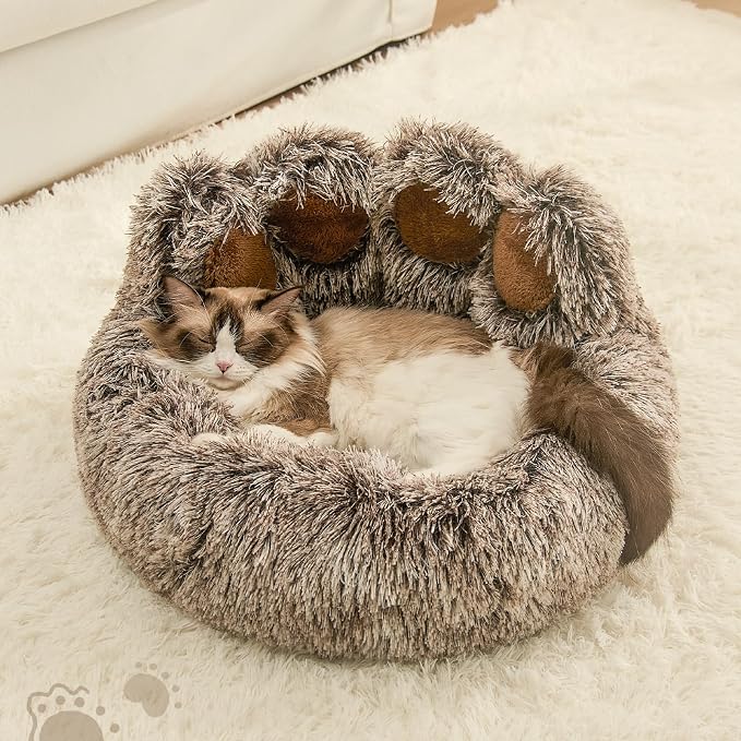 Jiupety Paw Shape Calming Pet Bed, Plush Faux Fur Donut Bed for Dogs & Cats, Machine Washable, Non-Slip Bottom, Medium (22"×22"×6"), Gray