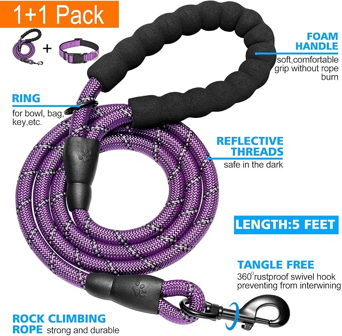 Ladoogo Reflective Dog Collar Padded with Soft Neoprene Breathable Adjustable Nylon Dog Collars for Small Medium Large Dogs (Medium (Pack of 1), Purple Collar+Leash)