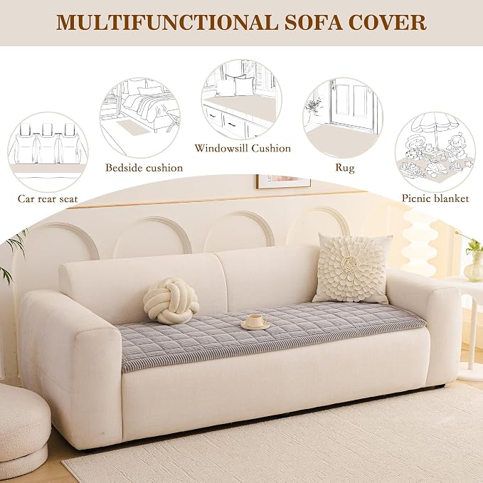 MEETSKY Couch Cover for 3 Cushion Couch Sofa, Grey Sofa Covers for Dogs Washable, Non-Slip Sofa Protector Pet Friendly Dog Mats for Couches Soft Furniture Covers, 27.6" x 82.7", Light Grey