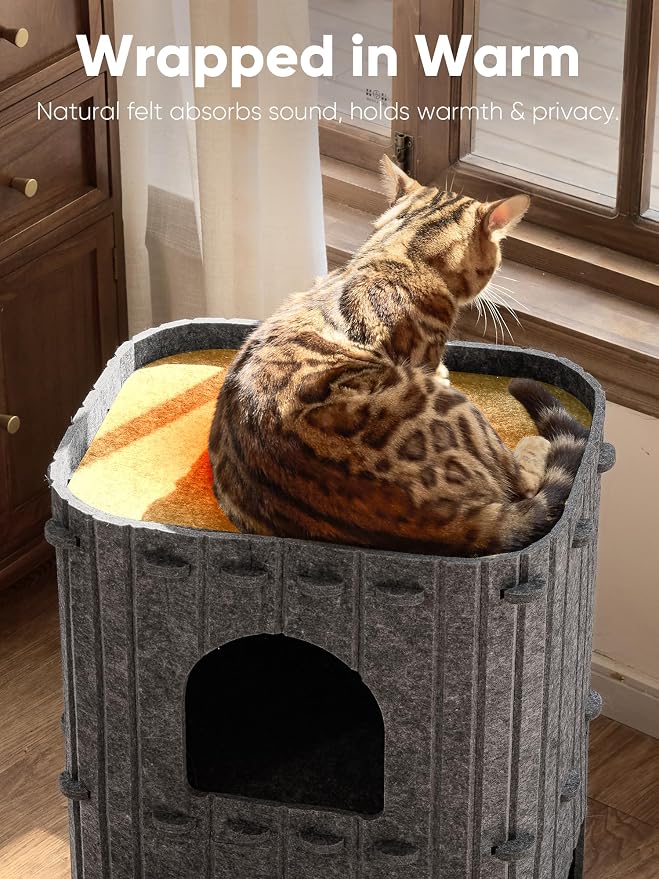 FUKUMARU Cat House for Indoor Cats, 23.62 Inch Large Cat Bed Cave Condo, 2-Storey Cozy Felt Covered Cats Tunnel Kitten Hideaway for Multicats, Scratch Resistant, Dark Grey