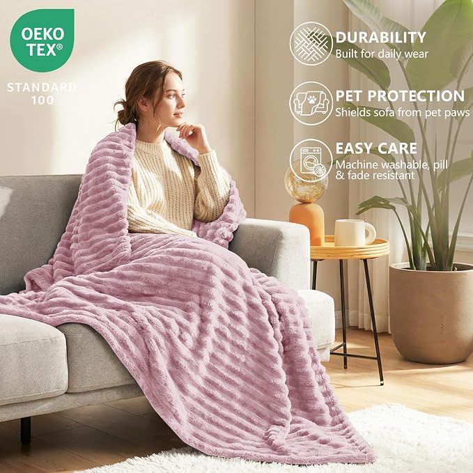 HIMEET Fleece Dusty Pink King Size Blanket for Bed - 300GSM Ribbed Soft Cozy Bedding Blanket, House Warming Gifts New Home, Luxury Aesthetic Bedroom Decor Throws, 108x90 Inches