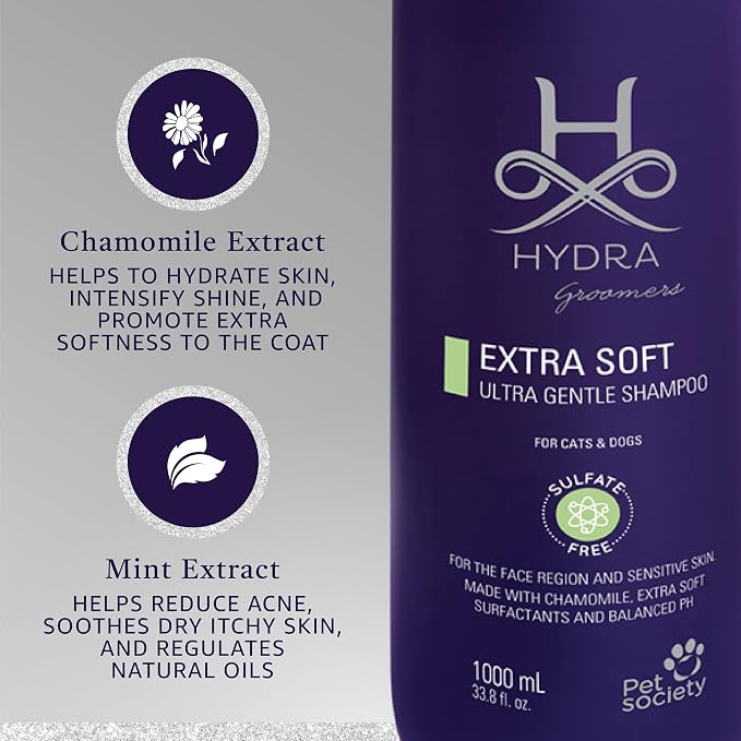 Hydra Professional Extra Soft Face and Body Shampoo, Hypoallergenic Pet Shampoo, Cat and Dog Shampoo for Sensitive Skin and All Breeds and Coat Types