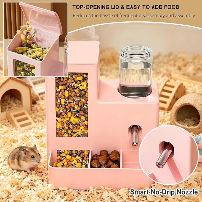 Hamster Water Bottle and Feeder, No Drip 2-in-1 Automatic Waterer and Food Dispenser, Gravity Feeding Hamster Cage Accessories for Small Pets 5.51 x 4.33 x 6.49 Inch