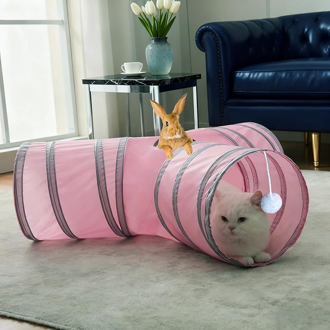 3-Way Collapsible Cat Tunnel Tube Toy Pink — Interactive Play Tunnel with Hanging Ball & Peek Hole for Indoor Cats, Kittens, Puppies & Rabbits | Hours of Fun & Exercise
