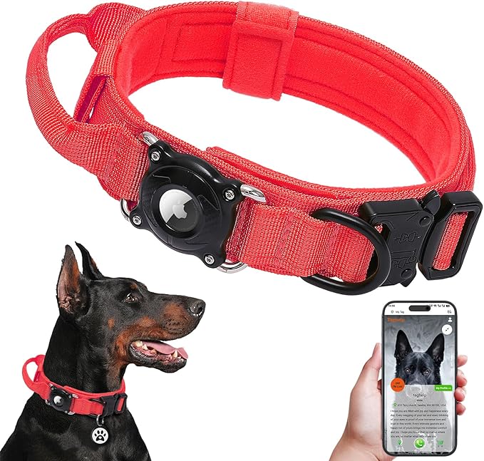 Tactical AirTag Dog Collar Waterproof with QR ID Tag, Military Training Dog Collar with Built-in AirTag Holder, Strong Metal Buckle & Control Handle, GPS Tracking Collar for Medium Dogs (Red, M)