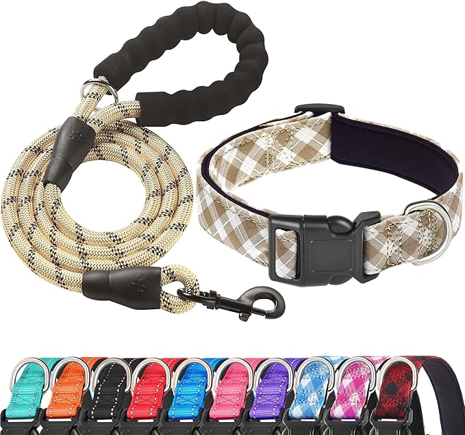 Ladoogo Reflective Dog Collar Padded with Soft Neoprene Breathable Adjustable Nylon Dog Collars for Small Medium Large Dogs (Large (Pack of 1), Vanilla Plaid Collar+Leash)