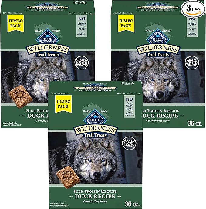Blue Buffalo Wilderness Trail Treats High Protein Grain Free Dog Biscuits Crunchy Dog Treats, Duck Recipe, 36-oz Box, (Pack of 3)