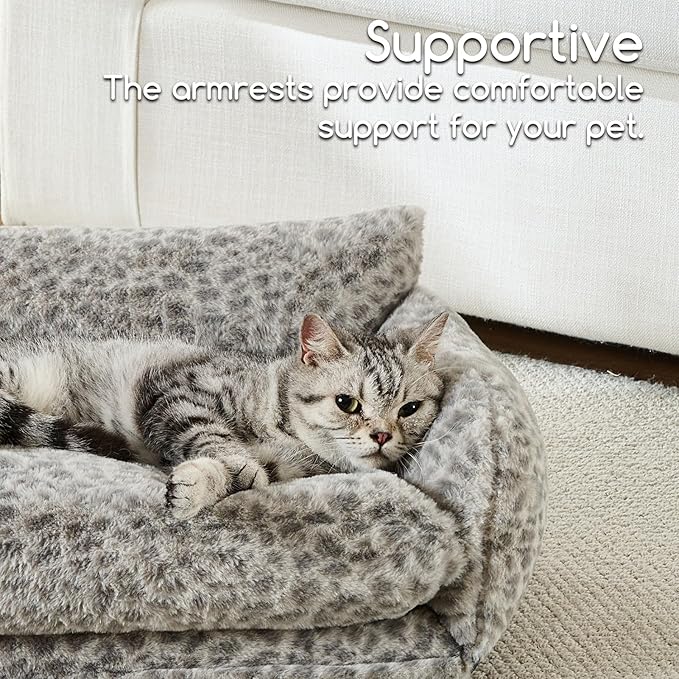Hollypet Cat Bed Fluffy Plush Multifunctional Double-Layer Machine Washable Soft Warming Kitty Pet Couch Orthopedic Nest Beds for Small Cats Kitten and Dogs up to 13lbs, Snow Leopard(21x15x8 inch)