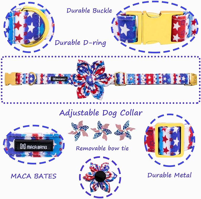 Maca Bates American Flag 4th of July Dog Collar with Flower Bow 4 of 7 for Dogs Adjustable Durable Star Patriotic USA Collars Summer Independence Day for Small Medium Large XL Boy Girl Puppy