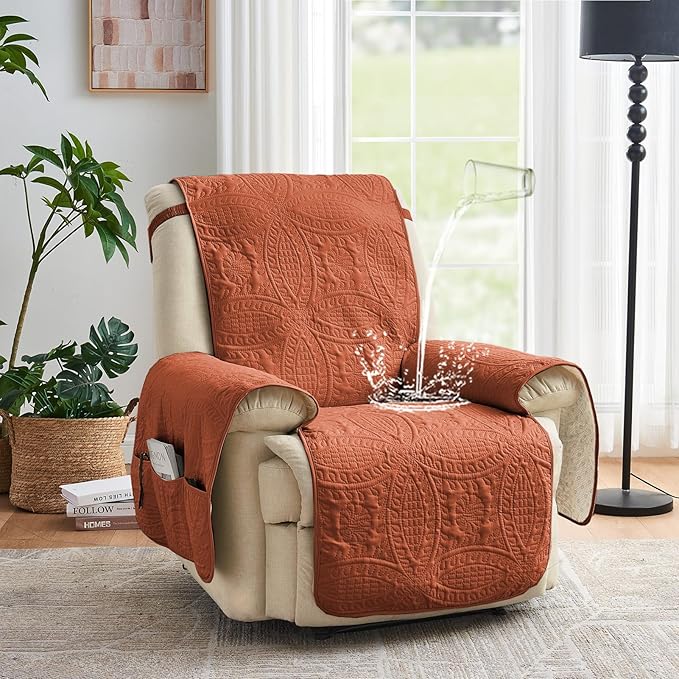 Orange Quilted TV Recliner Covers, Waterproof Medium Recliner Chair Covers, Lazy Boy Chair Covers, Pet Friendly Recliner Slipcover for Dogs, Washable Couch Cover (Recliner 26", Burnt Orange)