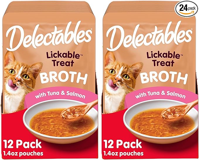 Delectables Lickable Treat Savory Broths Wet Cat Treat with Real Tuna & Salmon, Food Topper, Hydrating, Grain-Free, No Fillers, No By-Products, No-Added Preservatives, 1.4oz Pouch (Pack of 24)