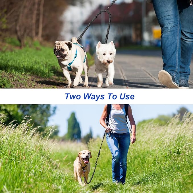MingXpets Double Dog Leash, Dual Dog Leash, 360° Swivel Tangle Free Bungee Walking Training for Large Medium Dogs, Shock Absorbing Bungee Reflective for Two Dogs, 18~120 lbs, Black