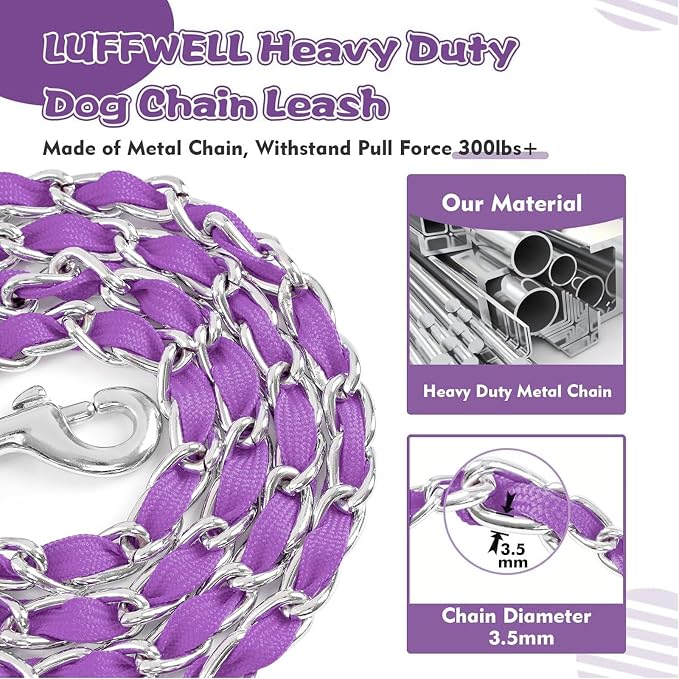 Heavy Duty Metal Dog Chain Leash with Comfortable PU Leather Padded Handle, Chew Proof for Medium Large Pooch Walking Training (6FT 3.5mm Purple)