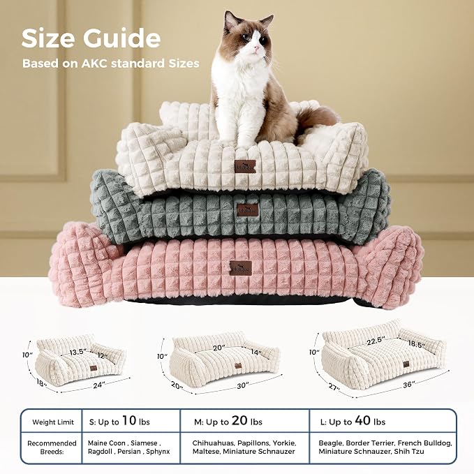 Cat Beds for Indoor Cats - Cute Cat Couch Bed Fluffy Pet Sofa with Faux Rabbit Fur Washable Cover, Fuzzy Pet Couch in 3D Diamond Pattern, Suppportive Large & Small Cats Sofa, 24inch Off White