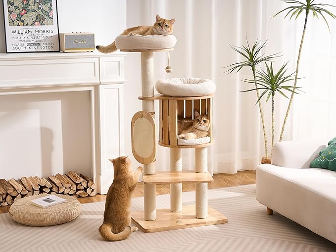 Modern Solid Wood Cat Tree for Indoor Cats Large Adult, 50in Tall Cat Tower with Sisal Scratching Posts, Cat Scratcher Cardboard, Cozy Cat Beds Cave Condo, Multi-Level Cat Furniture