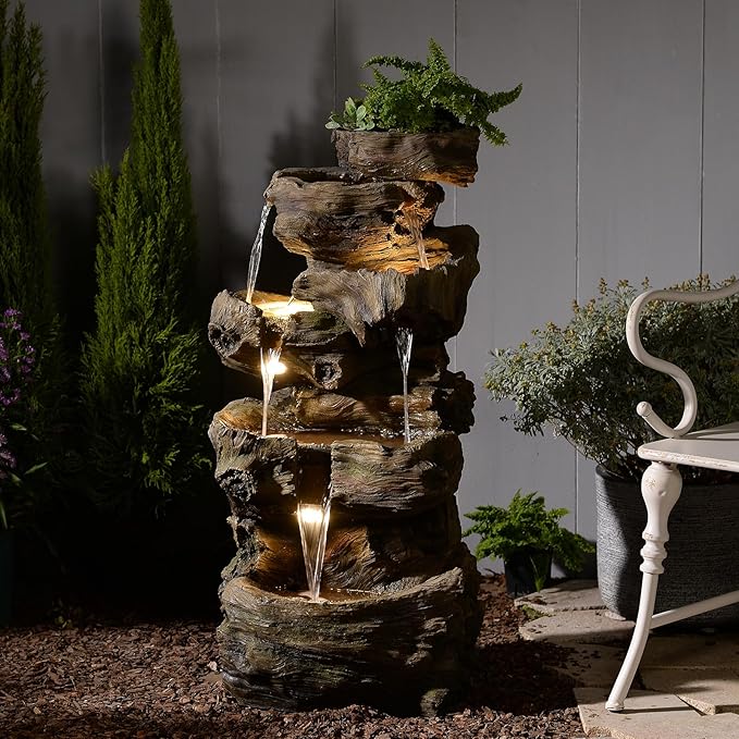 Sunlinua 40" H Outdoor Water Fountain with 5 Tiers Large Cascading Realistic Tree Trunk Waterfall Fountains with LED Lights Outdoor Water Fountain for Garden Patio Backyard Porch Home Decor
