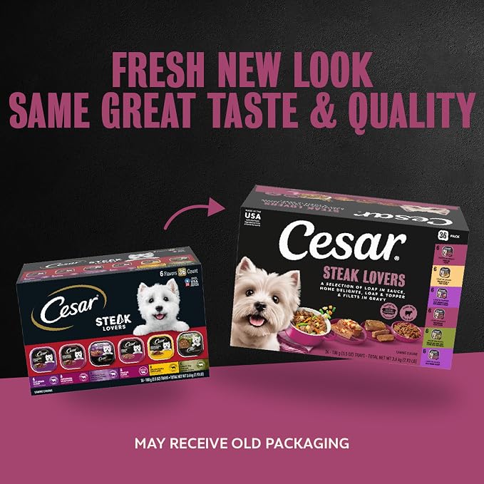Cesar Adult Wet Dog Food Steak Lovers Variety Pack with Real Meat, 3.5 oz. Easy Peel Trays, 36 Count (Pack of 1)