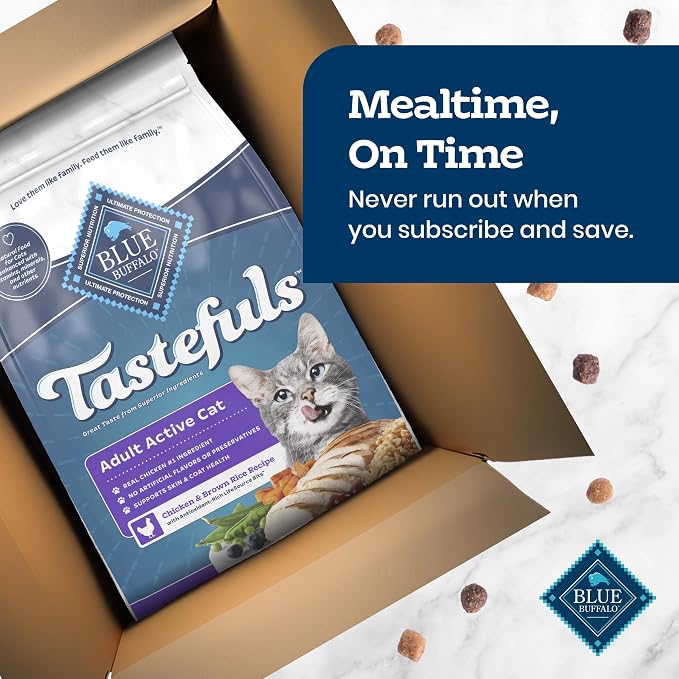 Blue Buffalo Tastefuls Chicken & Brown Rice Recipe Dry Indoor Cat Food for Adult Active Cats, Real Chicken First, Deliciously Healthy Natural Cat Food, Supports Digestive Care and Coat Health, 15 lbs.