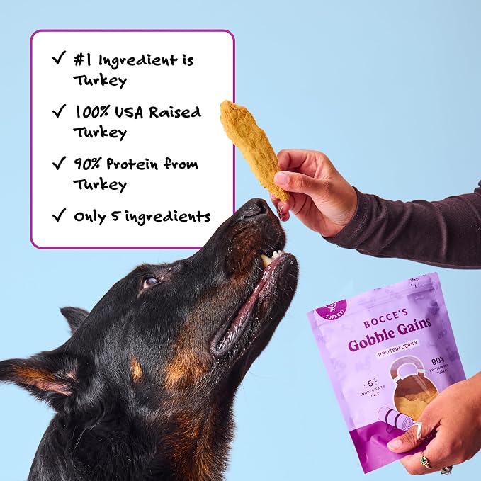 Bocce's Bakery Gobble Gains Turkey Jerky Protein Cuts Dog Treats – Natural & High-Protein, Wheat-Free, Made with Limited and Real Ingredients – Baked in The USA with No Added Salt or Sugar, 5oz