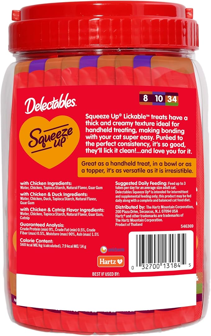 Delectables Squeeze Up Non-Seafood Chicken with Duck & Catnip Variety Pack, Creamy Squeezable Puree, Lickable Wet Cat Treats, Grain-Free, No Added Fillers, 0.5 Ounces Tube, 48 Tubes Total